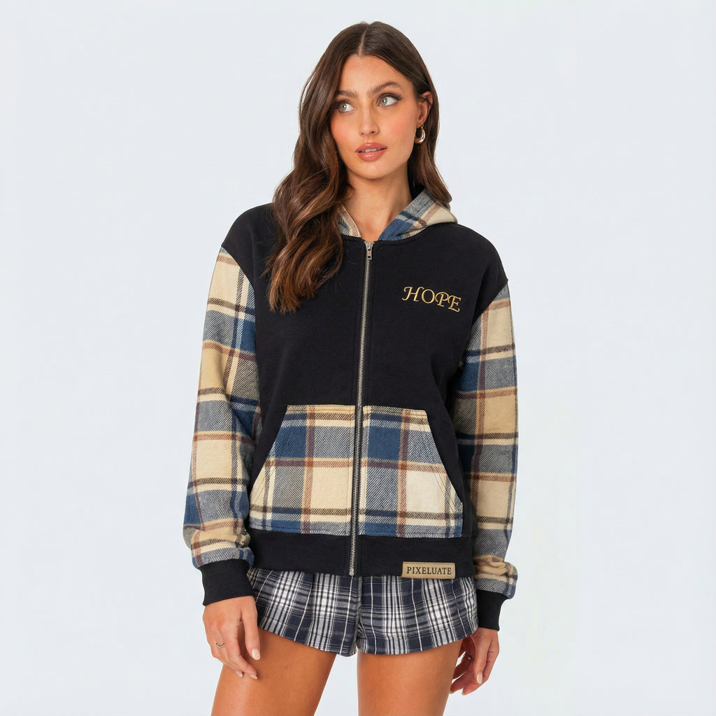 Hope Plaid Zip Up Hoodie